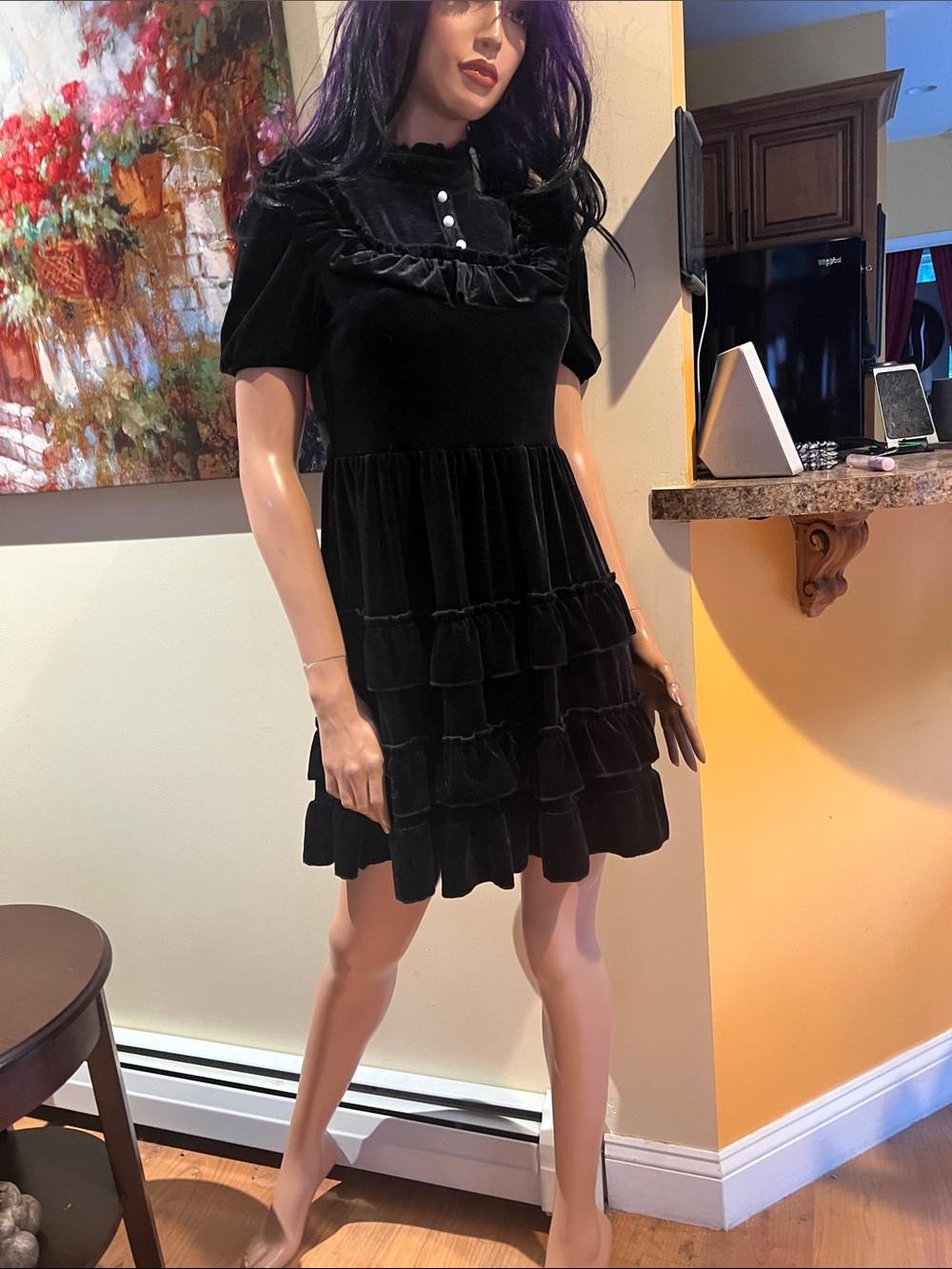 Goth  Black Velvet Ruffle Tiered S Mini Dress nwt